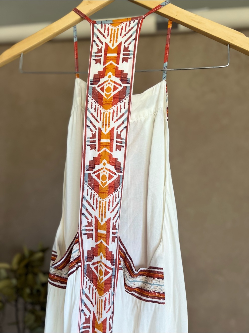 Boho White Mini Sun Dress with Orange and Turquoise Geometric Racerback Design - Picture 7 of 13
